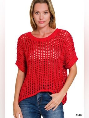 Zenana Red Fish Net Short Sleeve Crochet Sweater